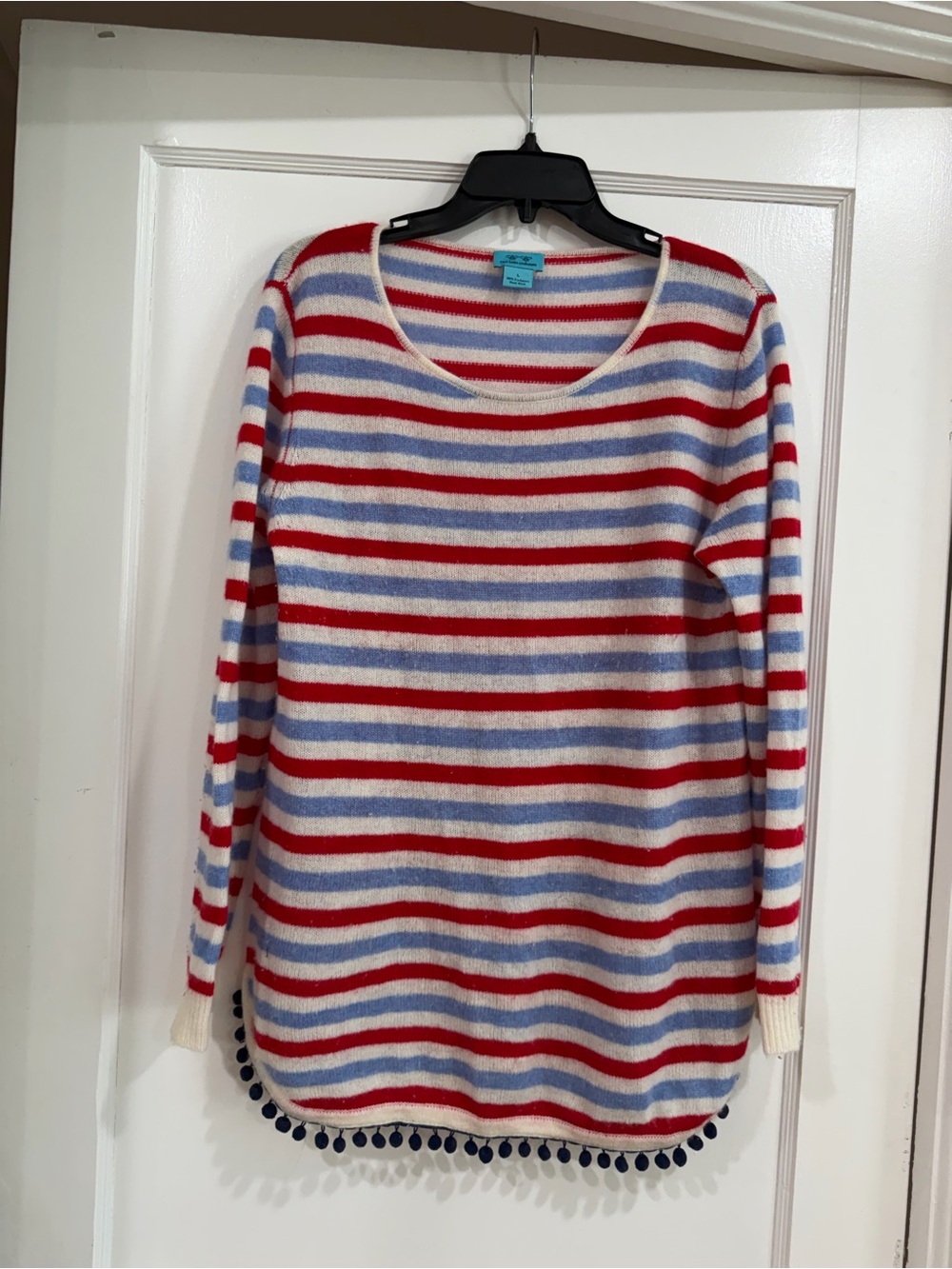 Two Bees Cashmere Striped Cashmere Sweater in Red, Blue & Cream L
